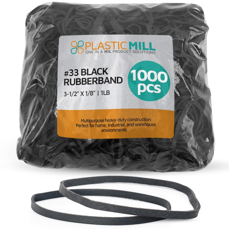 PlasticMill Black Rubber Bands Size 33 (3 1/2" x 1/8") - #33 Rubber Bands Office Supplies - Strong, Elastic Bands for Crafts, Balloon Garland, Cash, File Folders (1,000-Pack) - Image 1